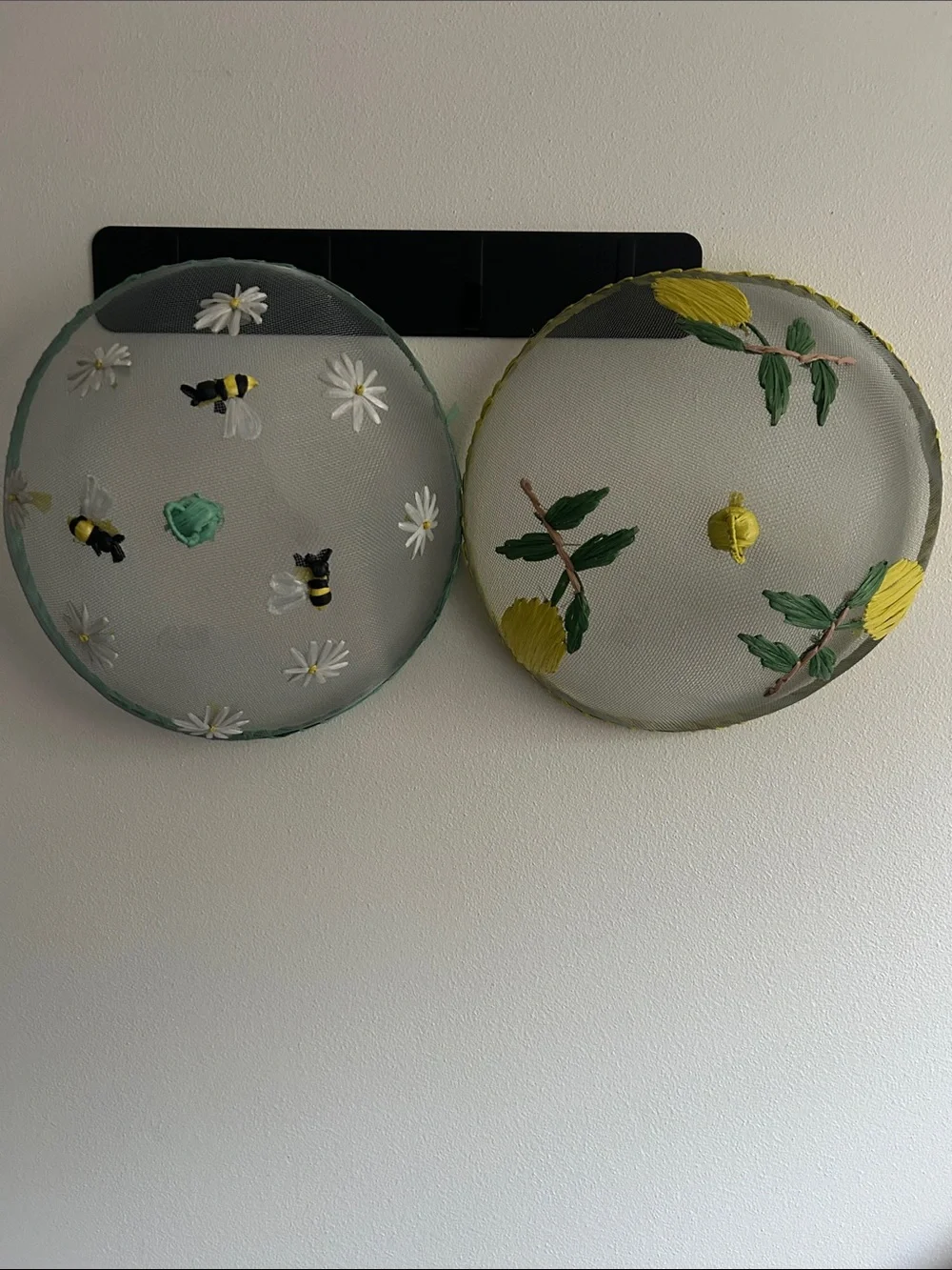 2  Mesh Food Covers.  Green Mesh Bees/Daisies + Yellow Mesh Leaves.